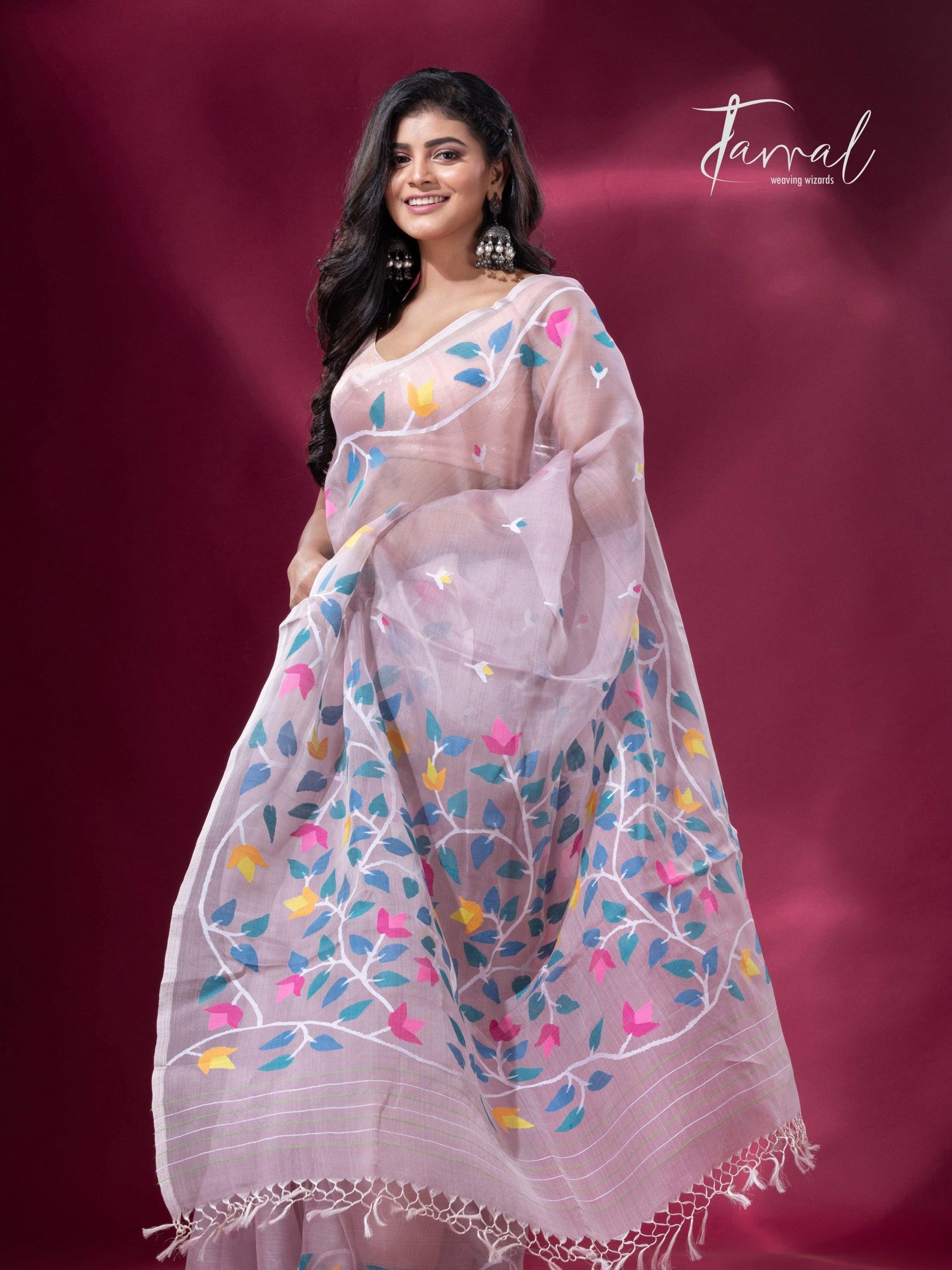Dust pink with muslin silk floral handwoven jamdani sarees right
