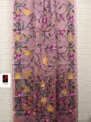 Light pink with multicolour 108 lotus motifs handwoven muslin silk jamdani saree - Tamal Boutique