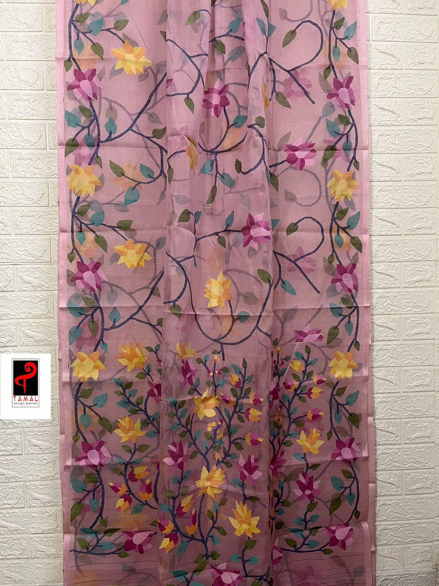 Light pink with multicolour 108 lotus motifs handwoven muslin silk jamdani saree - Tamal Boutique