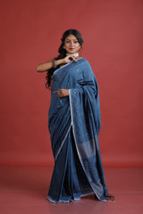 Blue colour cotton handwoven jamdani saree - Tamal Boutique