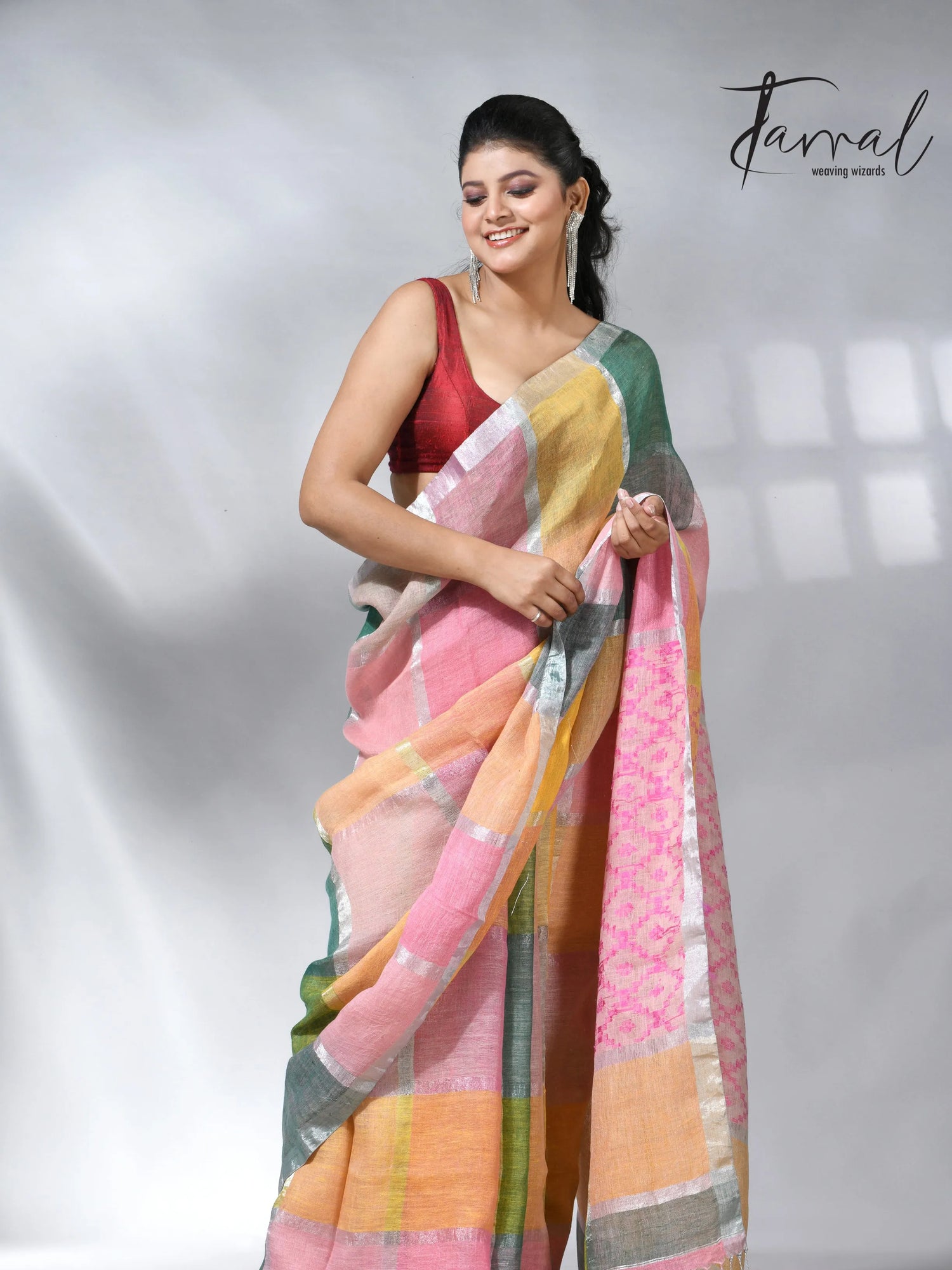 Explore the Linen products in handloom multi coloured saree