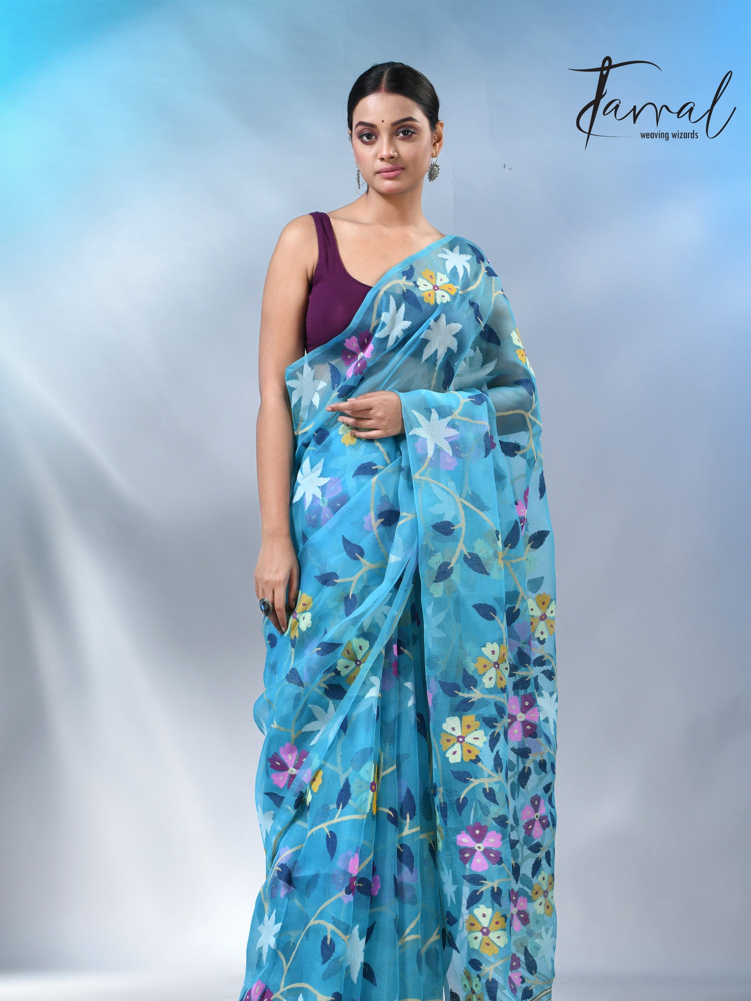Firoza allover floral muslin silk handwoven jamdani saree