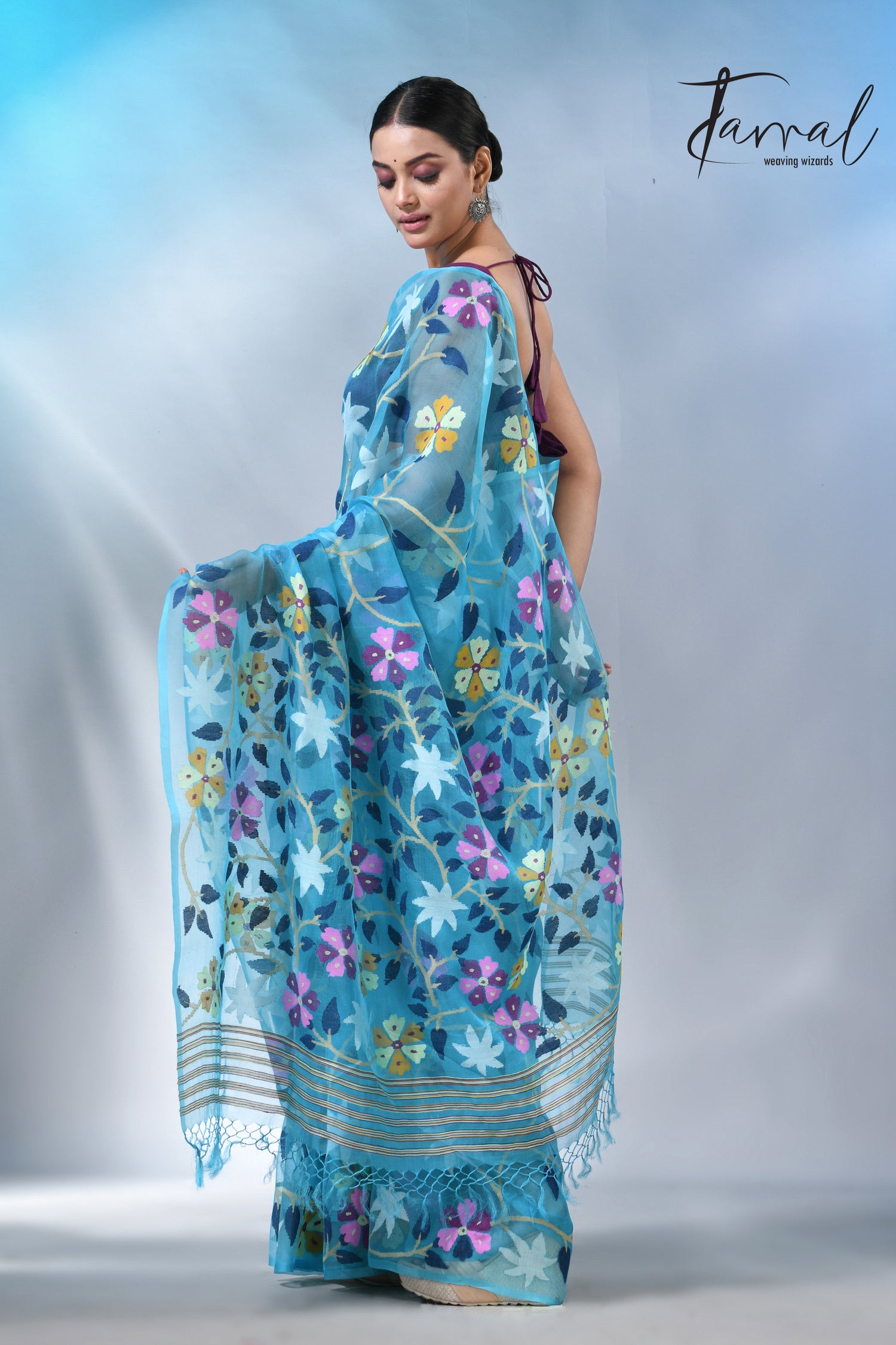 Firoza allover floral muslin silk handwoven jamdani saree