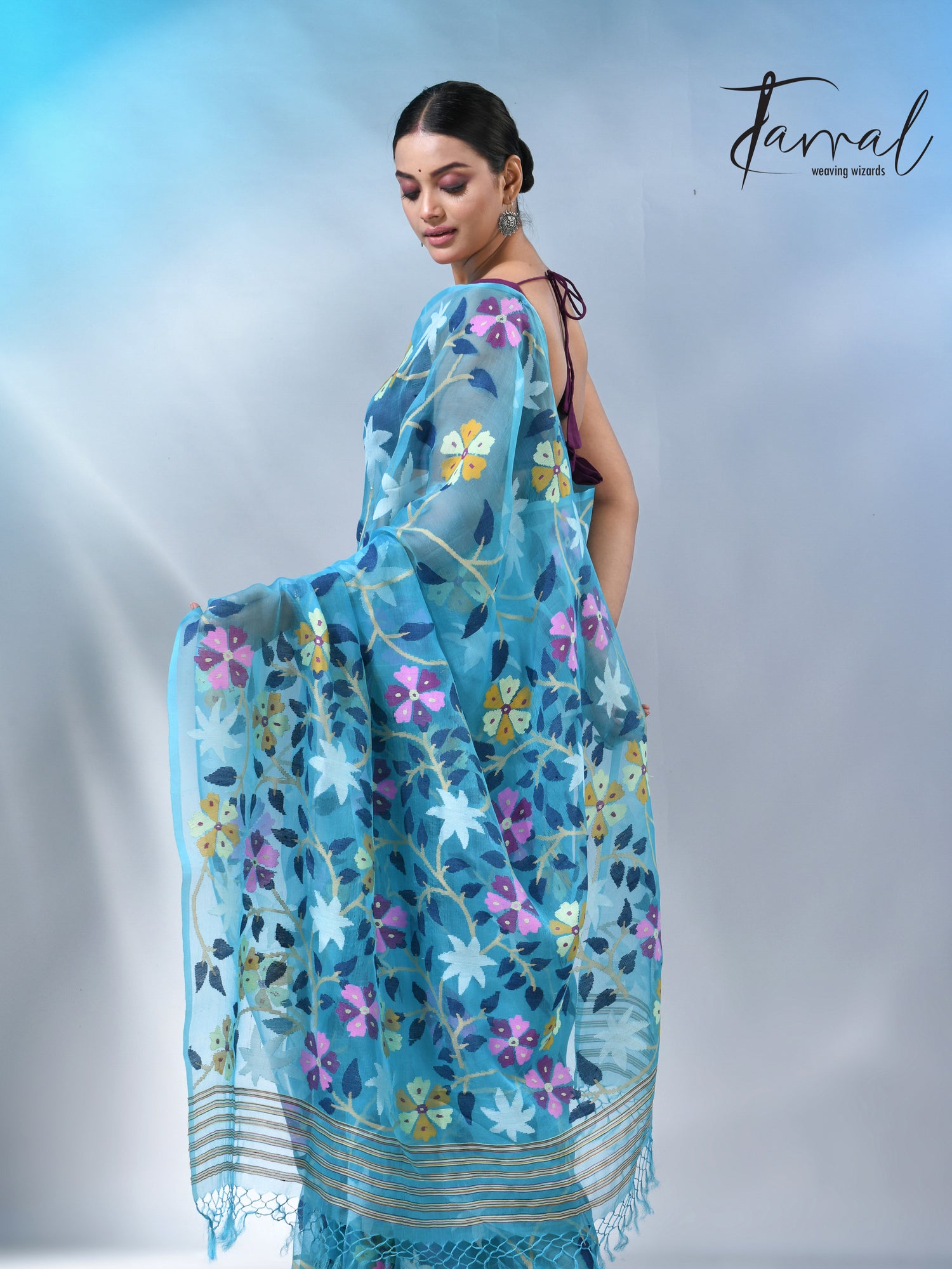 Firoza allover floral muslin silk handwoven jamdani saree