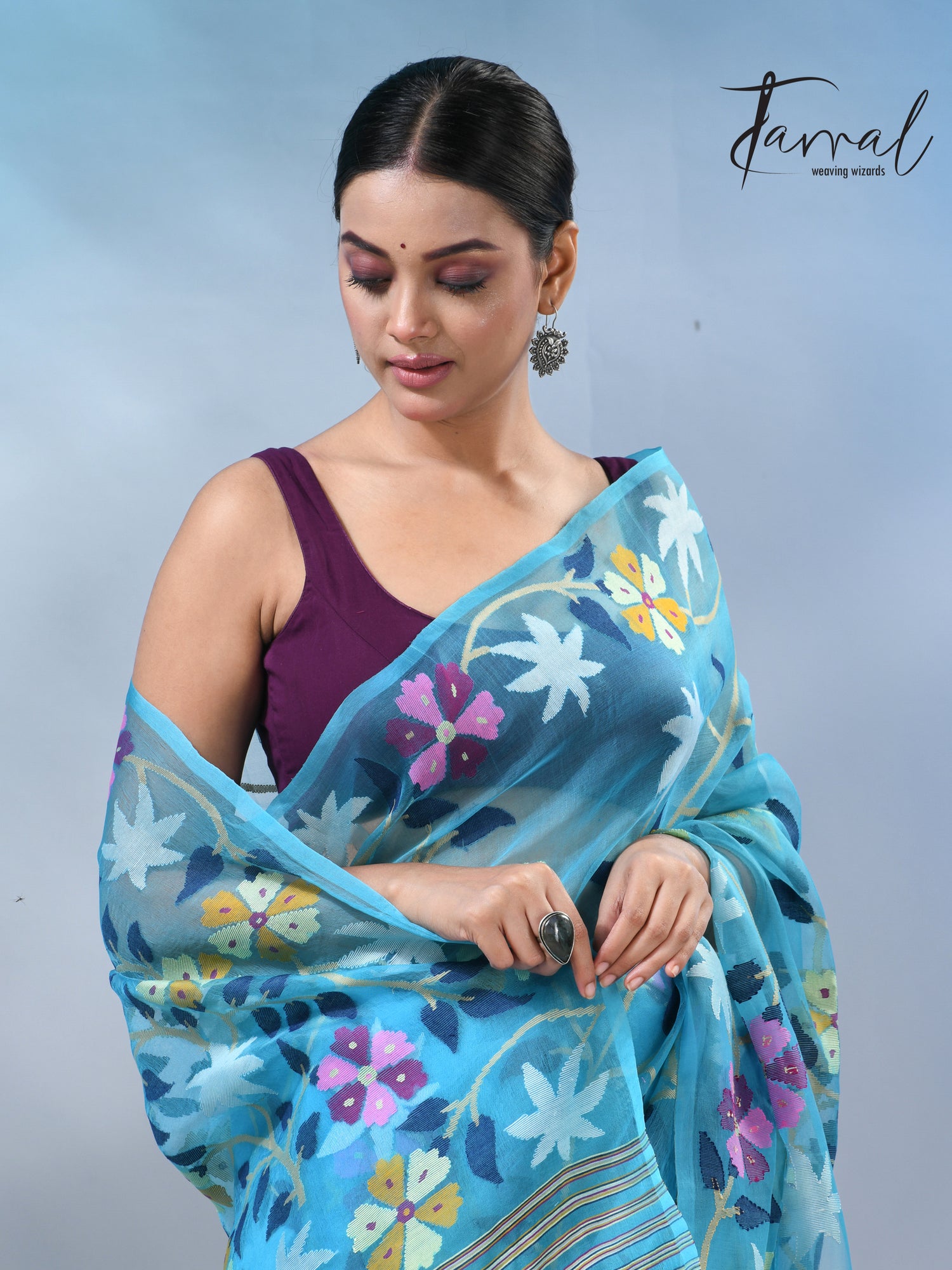Firoza allover floral muslin silk handwoven jamdani saree