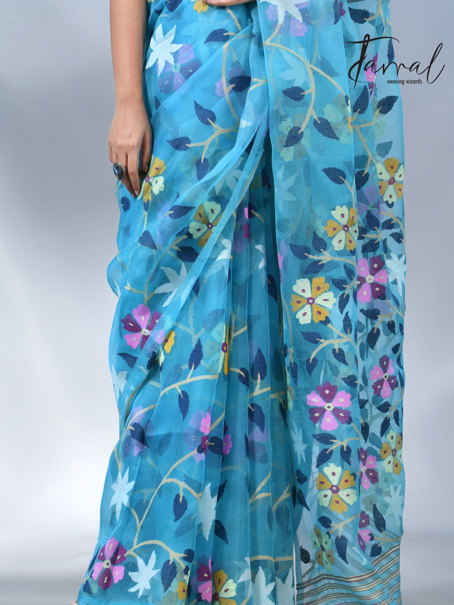 Firoza allover floral muslin silk handwoven jamdani saree