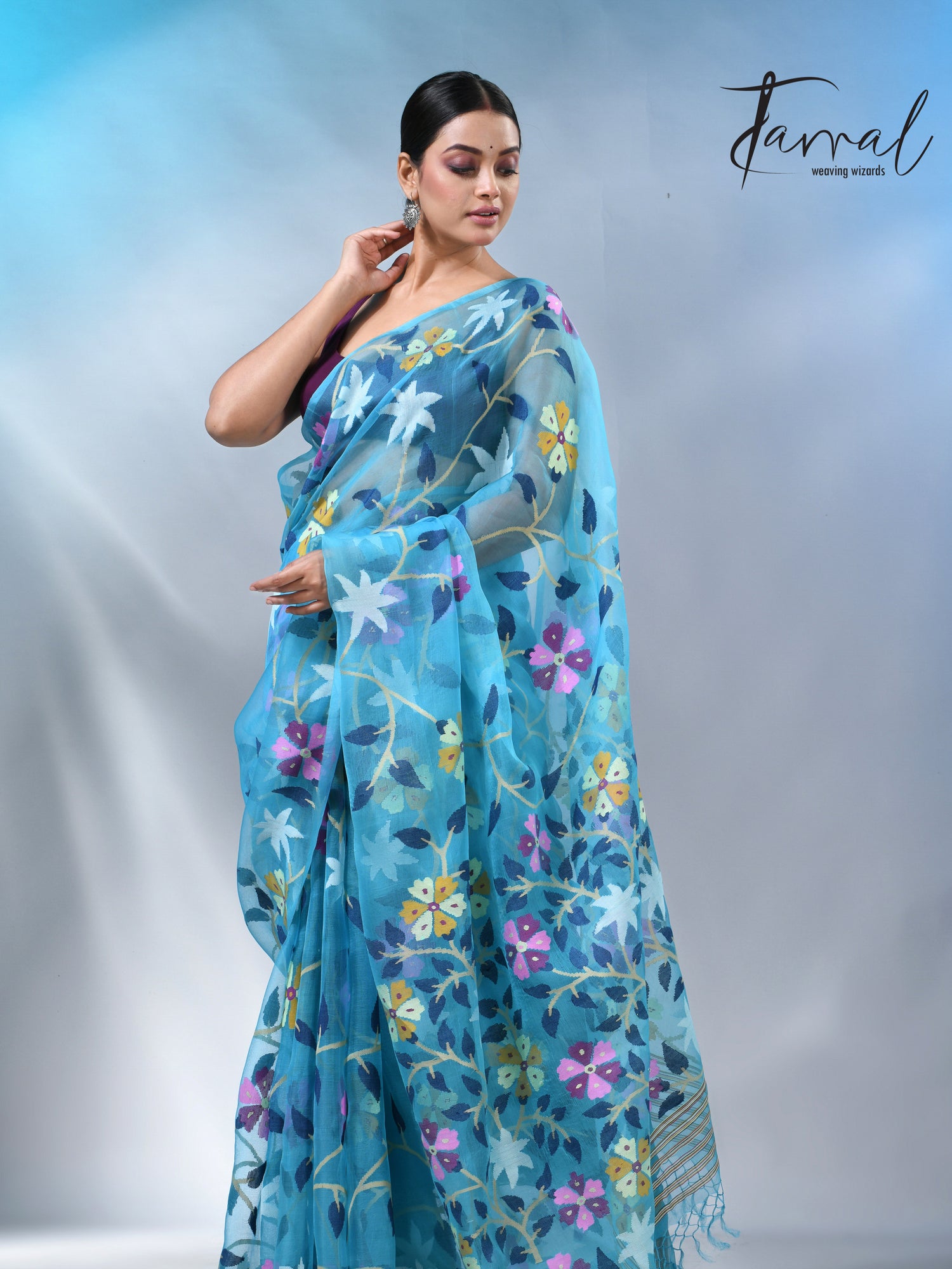 Firoza allover floral muslin silk handwoven jamdani saree
