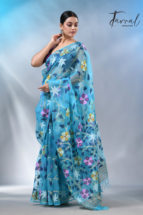 Firoza allover floral muslin silk handwoven jamdani saree