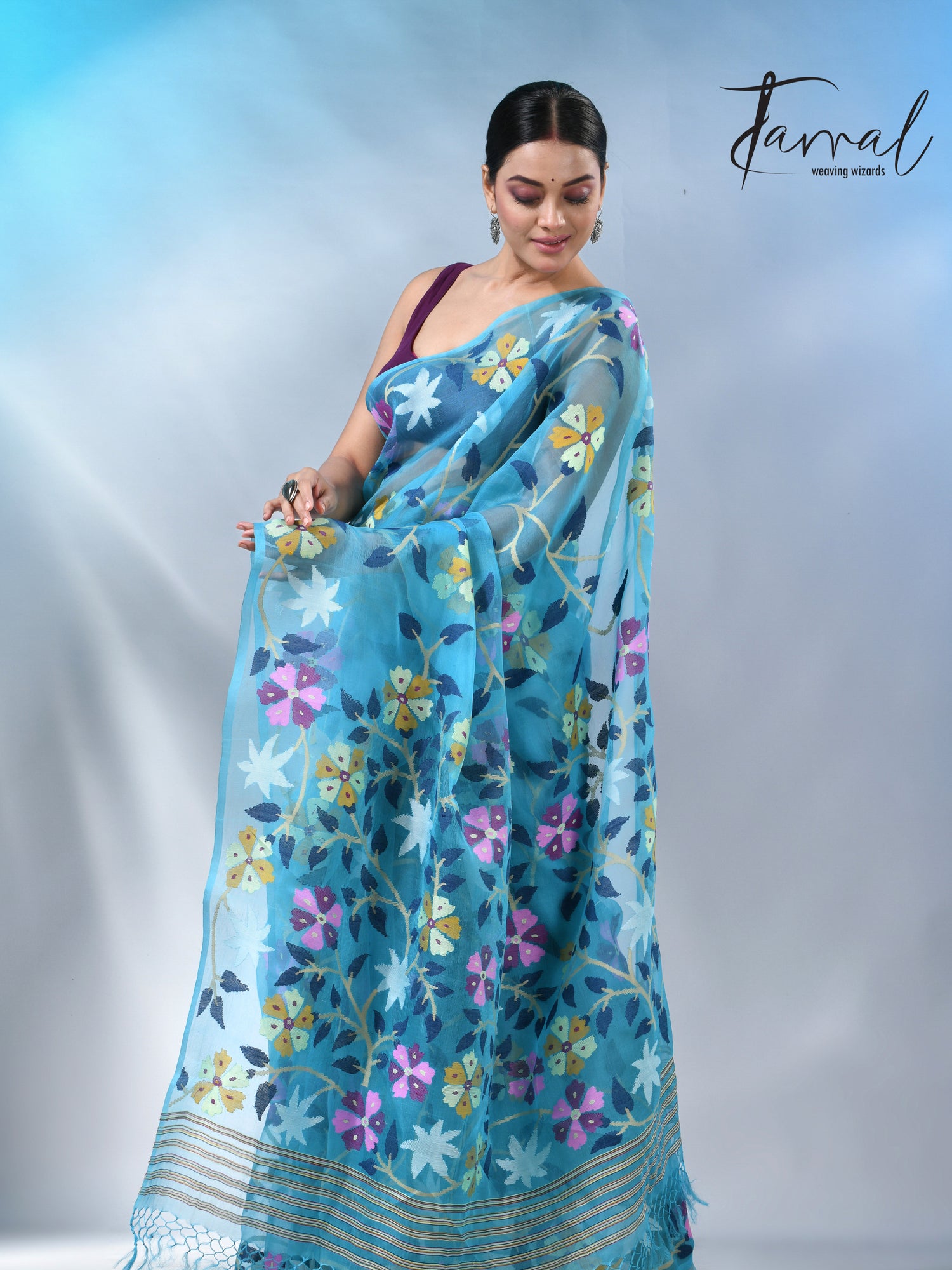 Firoza allover floral muslin silk handwoven jamdani saree
