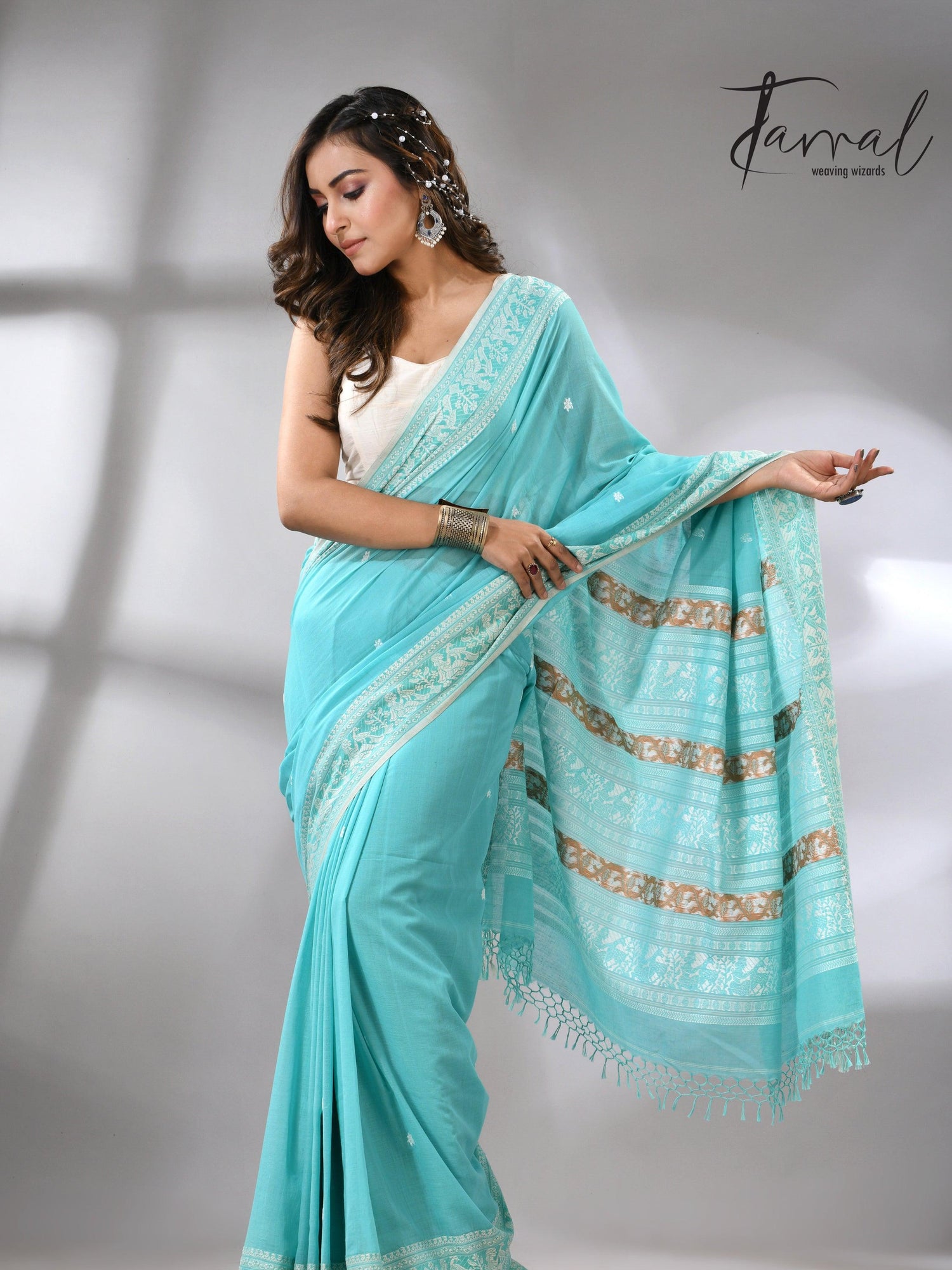 Firoza colour baluchuri design pure cotton handloom saree 