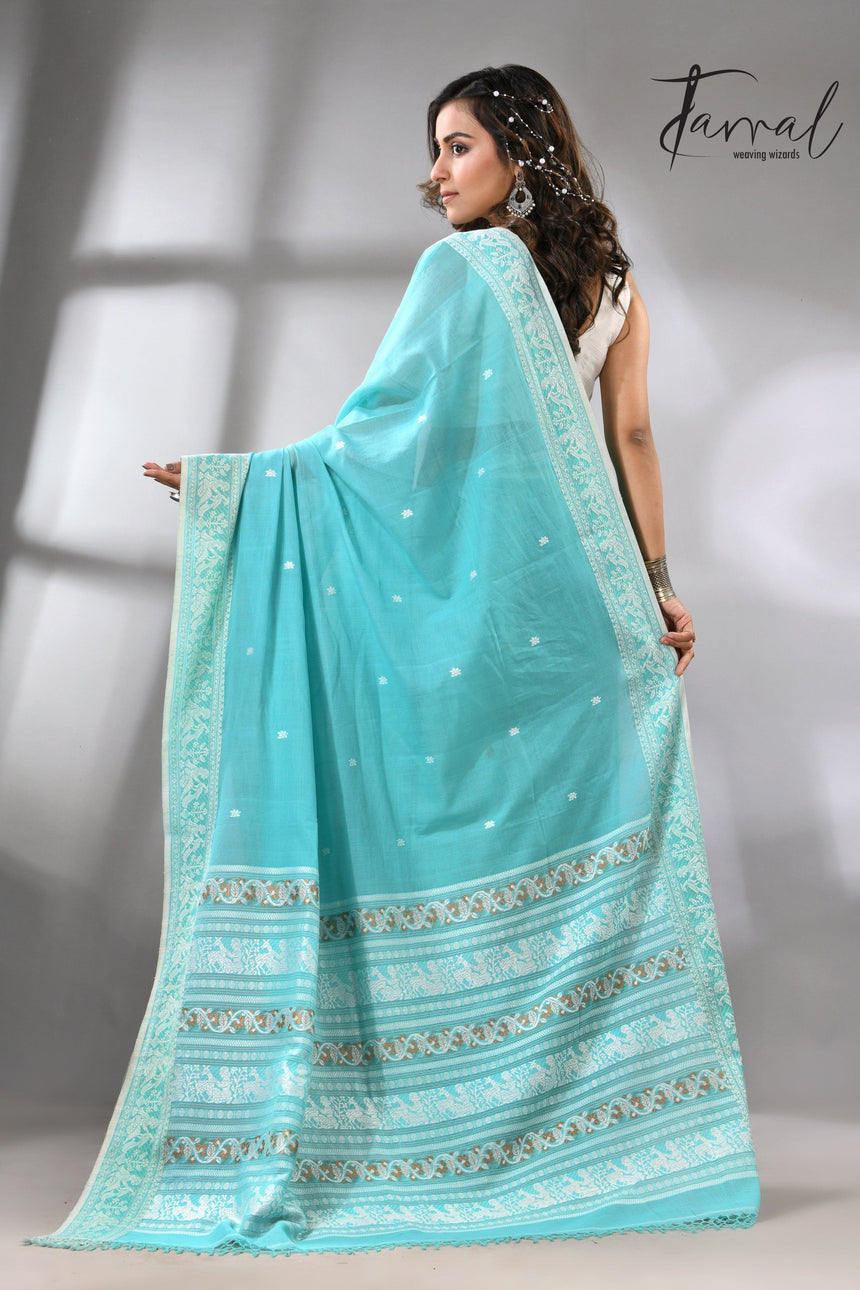 Firoza colour baluchuri design pure cotton handloom saree 