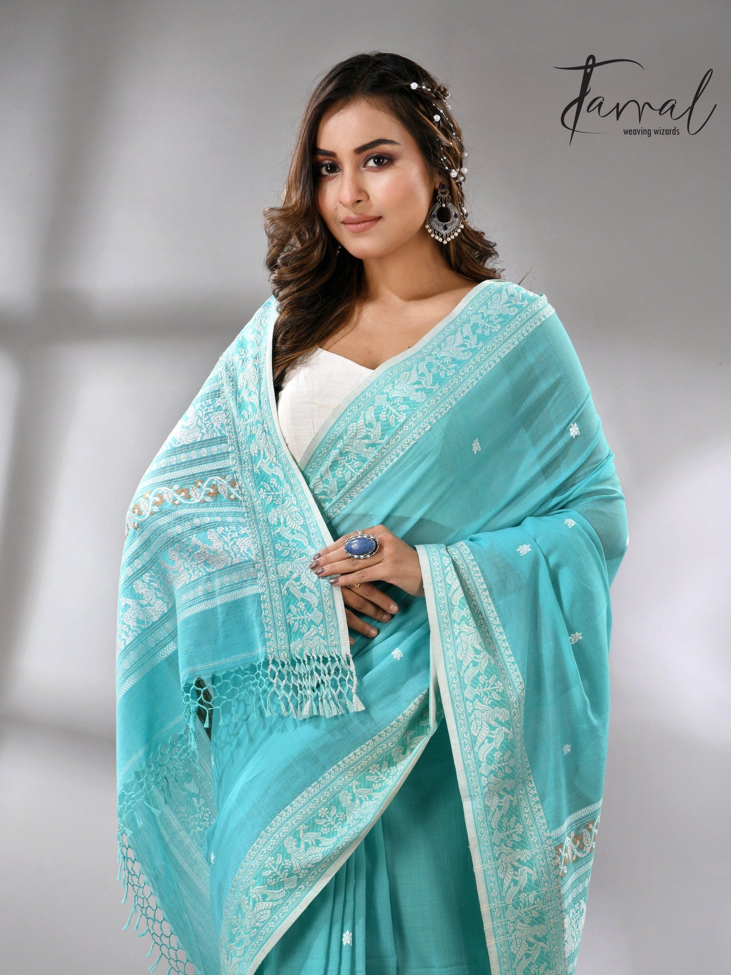 Firoza colour baluchuri design pure cotton handloom saree 