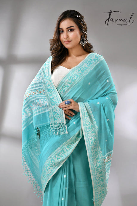 Firoza colour baluchuri design pure cotton handloom saree 