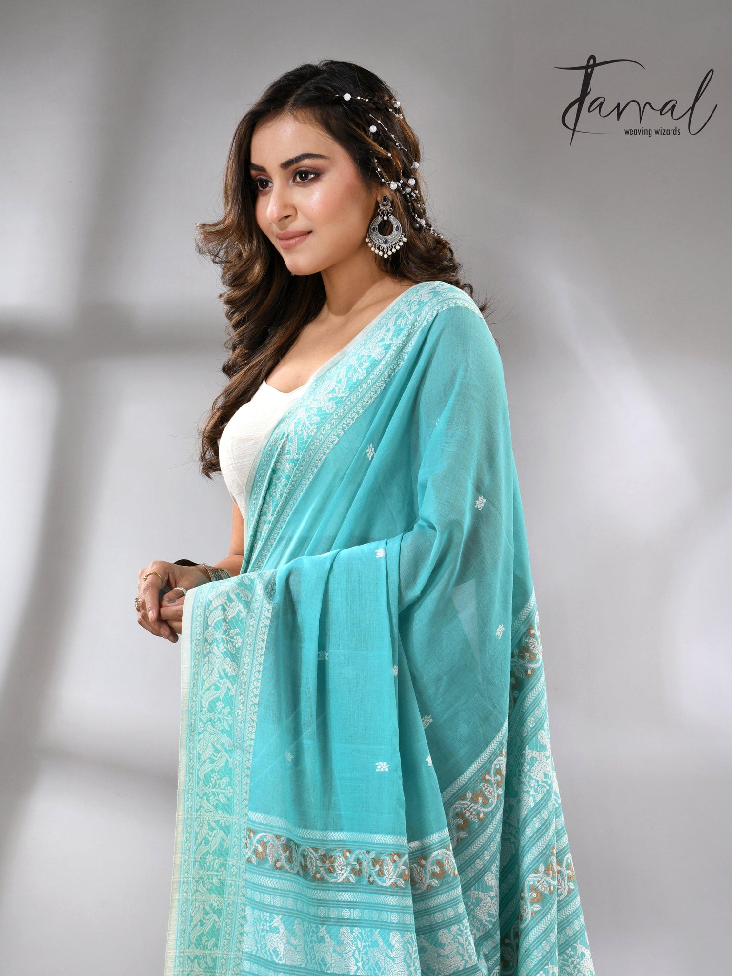 Firoza colour baluchuri design pure cotton handloom saree 