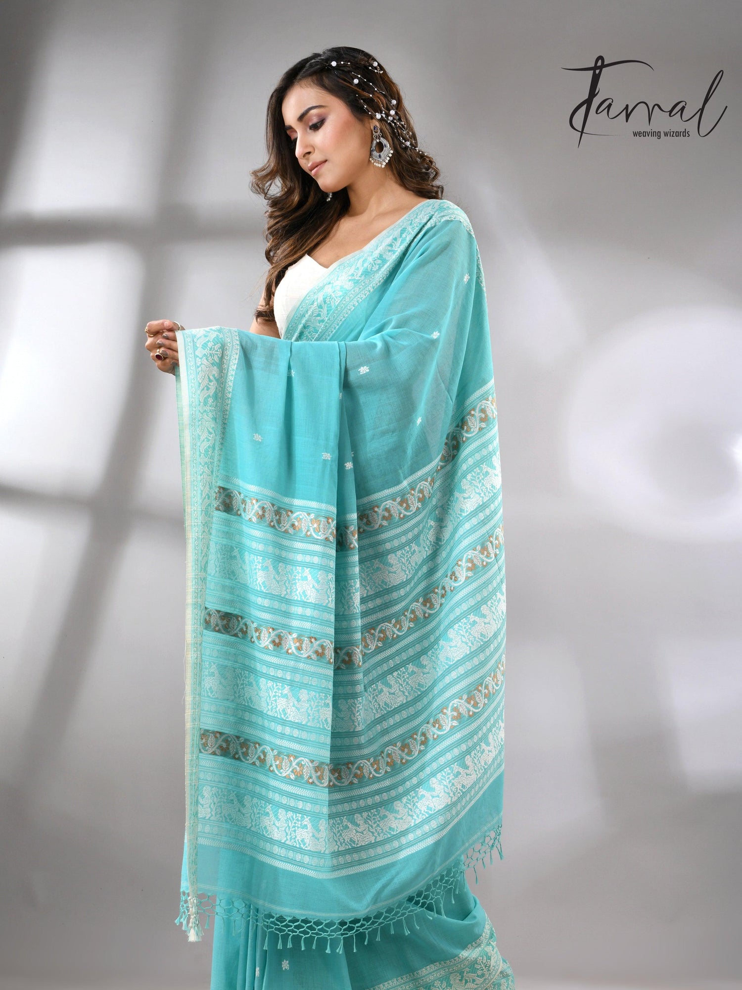 Firoza colour baluchuri design pure cotton handloom saree 