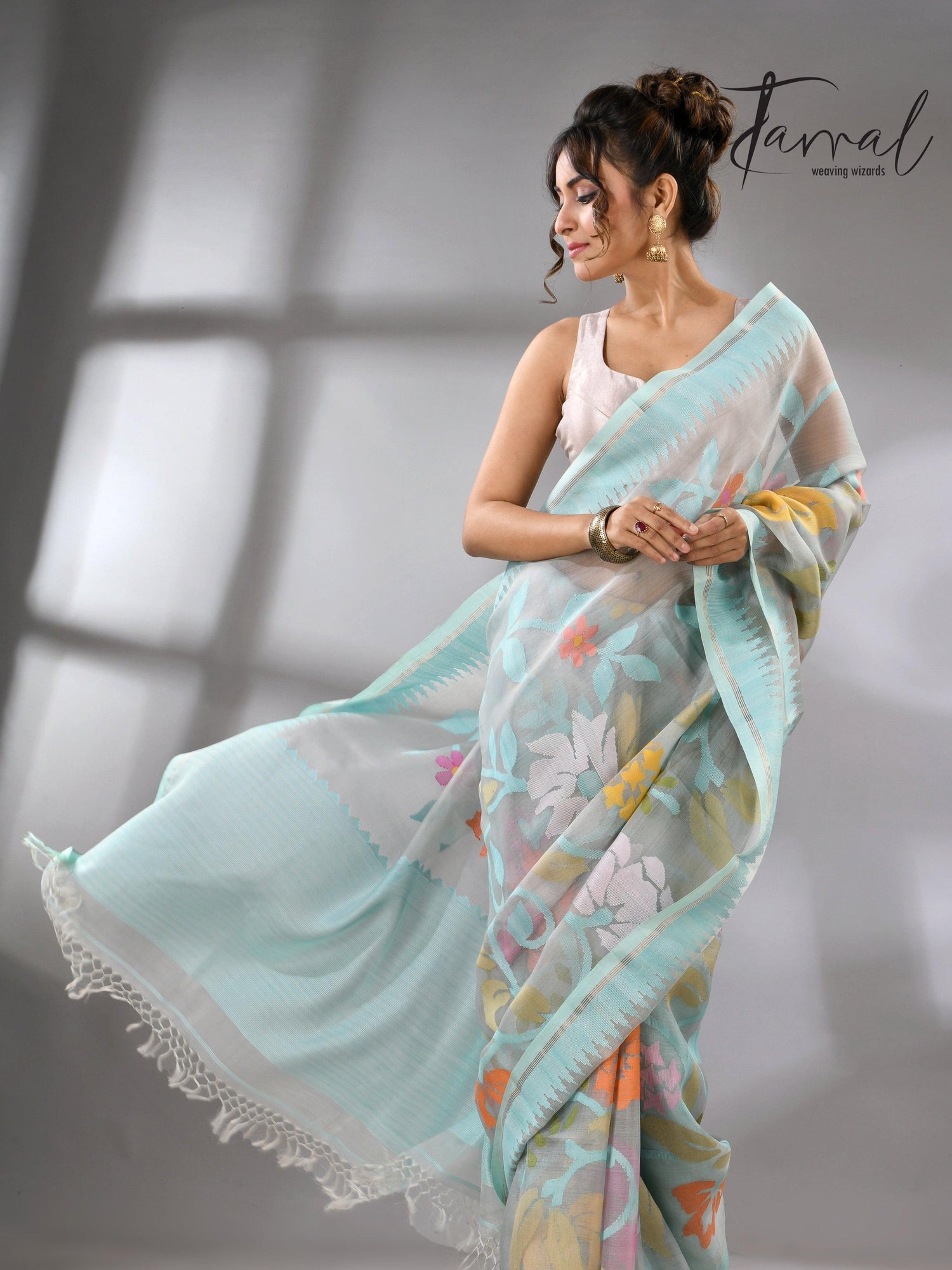 Firoza with light smoke gray and multi colour allover floral handwoven muslin silk jamdani saree - Tamal Boutique