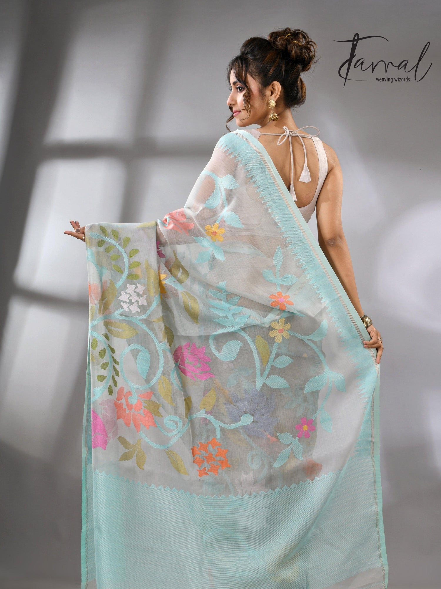 Firoza with light smoke gray and multi colour allover floral handwoven muslin silk jamdani saree - Tamal Boutique
