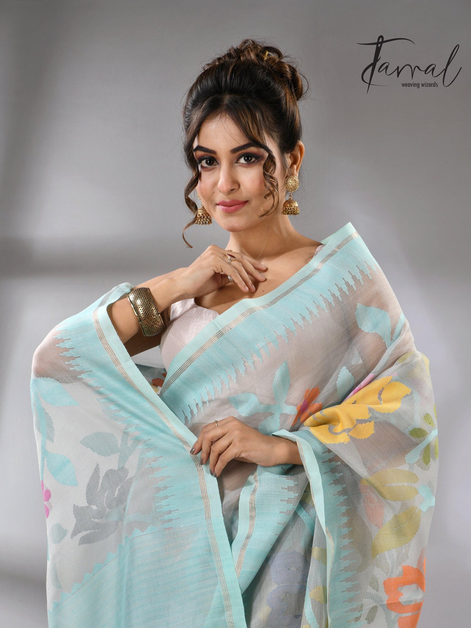 Firoza with light smoke gray and multi colour allover floral handwoven muslin silk jamdani saree - Tamal Boutique