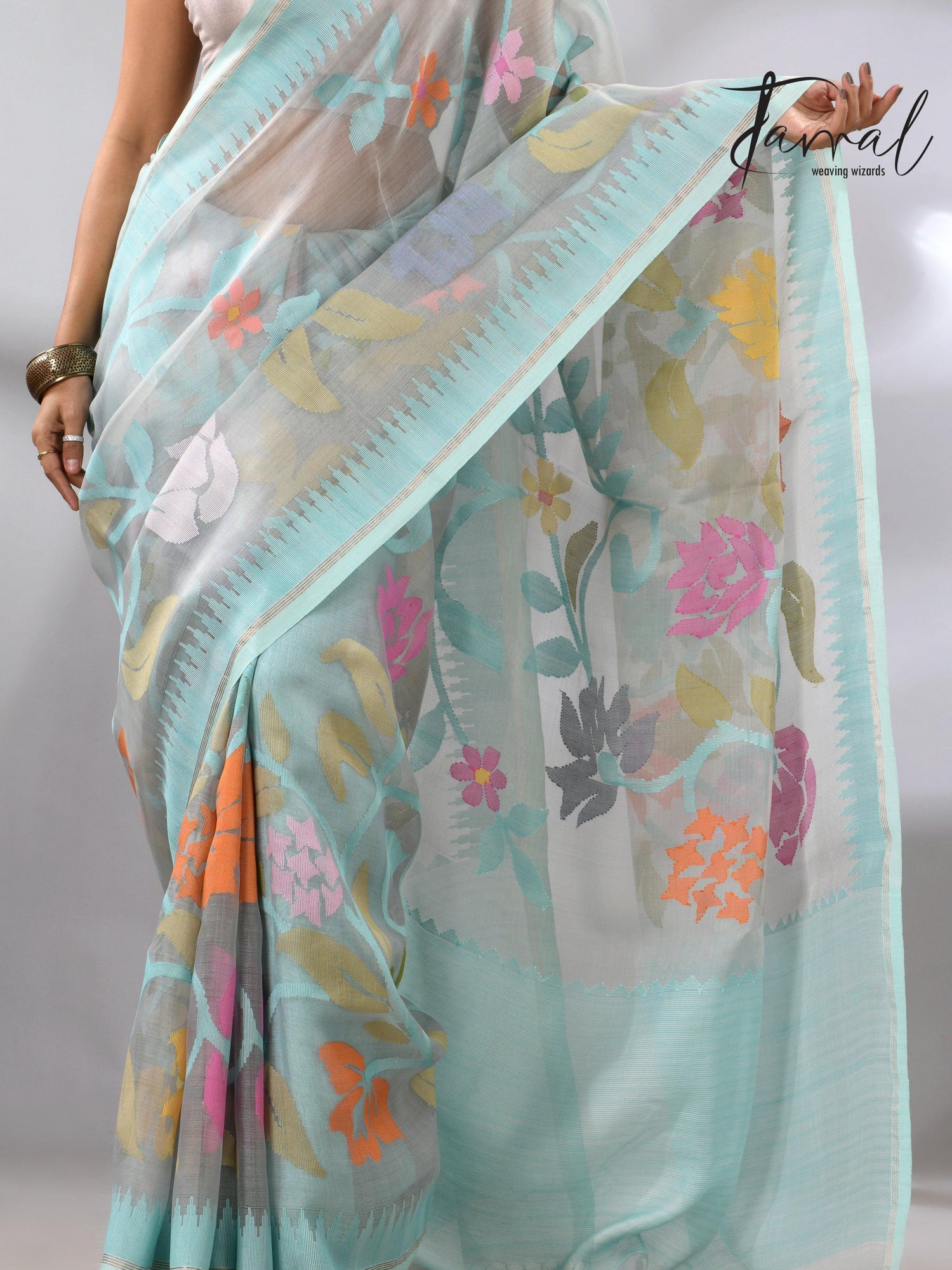 Firoza with light smoke gray and multi colour allover floral handwoven muslin silk jamdani saree - Tamal Boutique