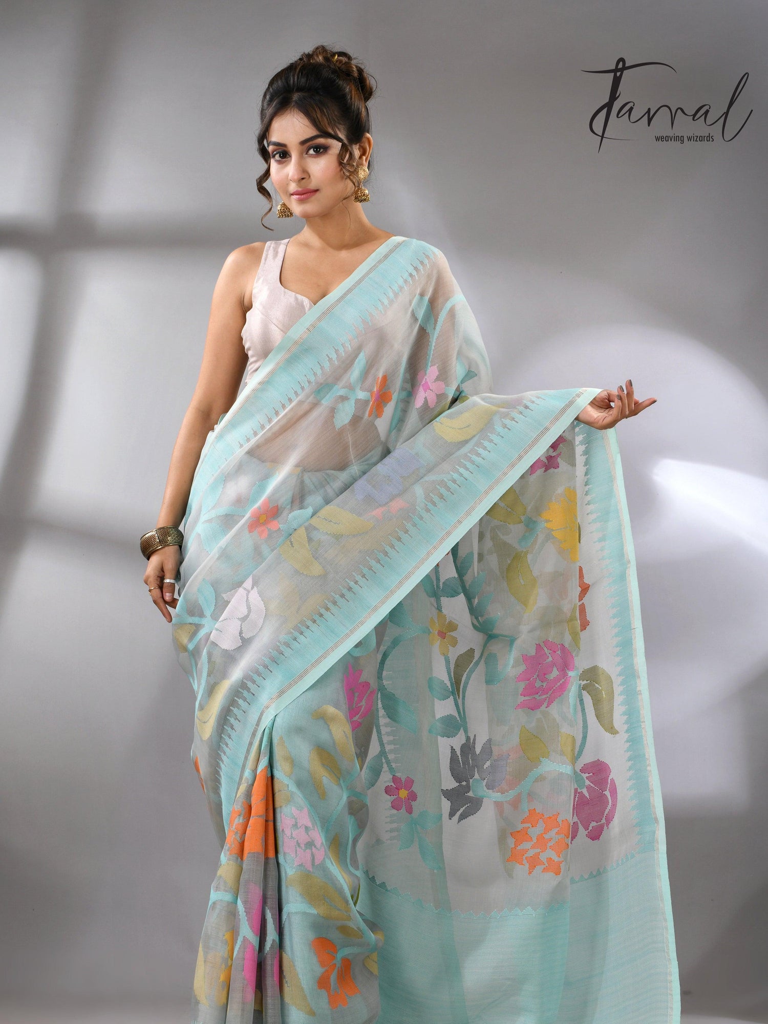Firoza with light smoke gray and multi colour allover floral handwoven muslin silk jamdani saree - Tamal Boutique