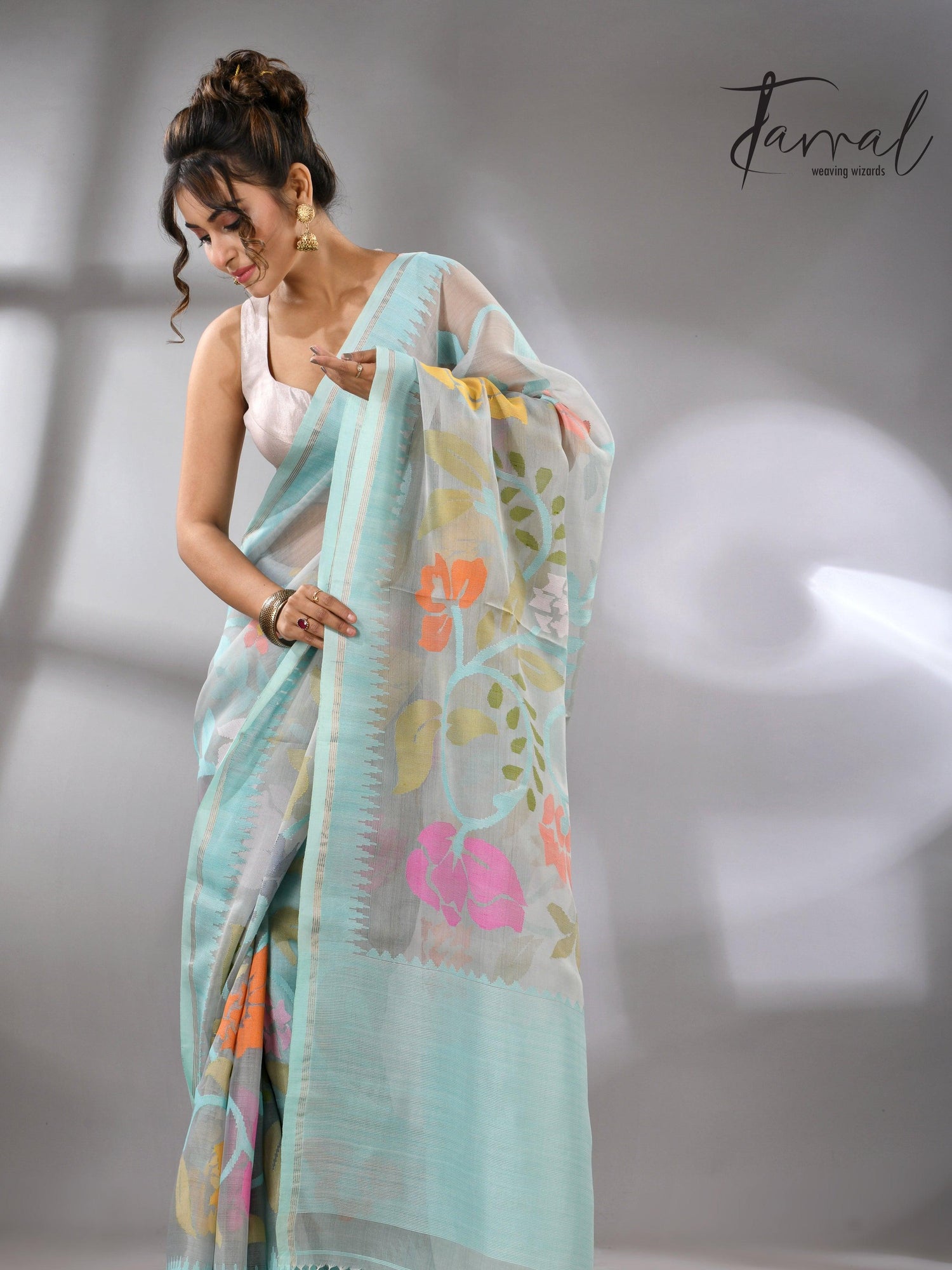 Firoza with light smoke gray and multi colour allover floral handwoven muslin silk jamdani saree - Tamal Boutique