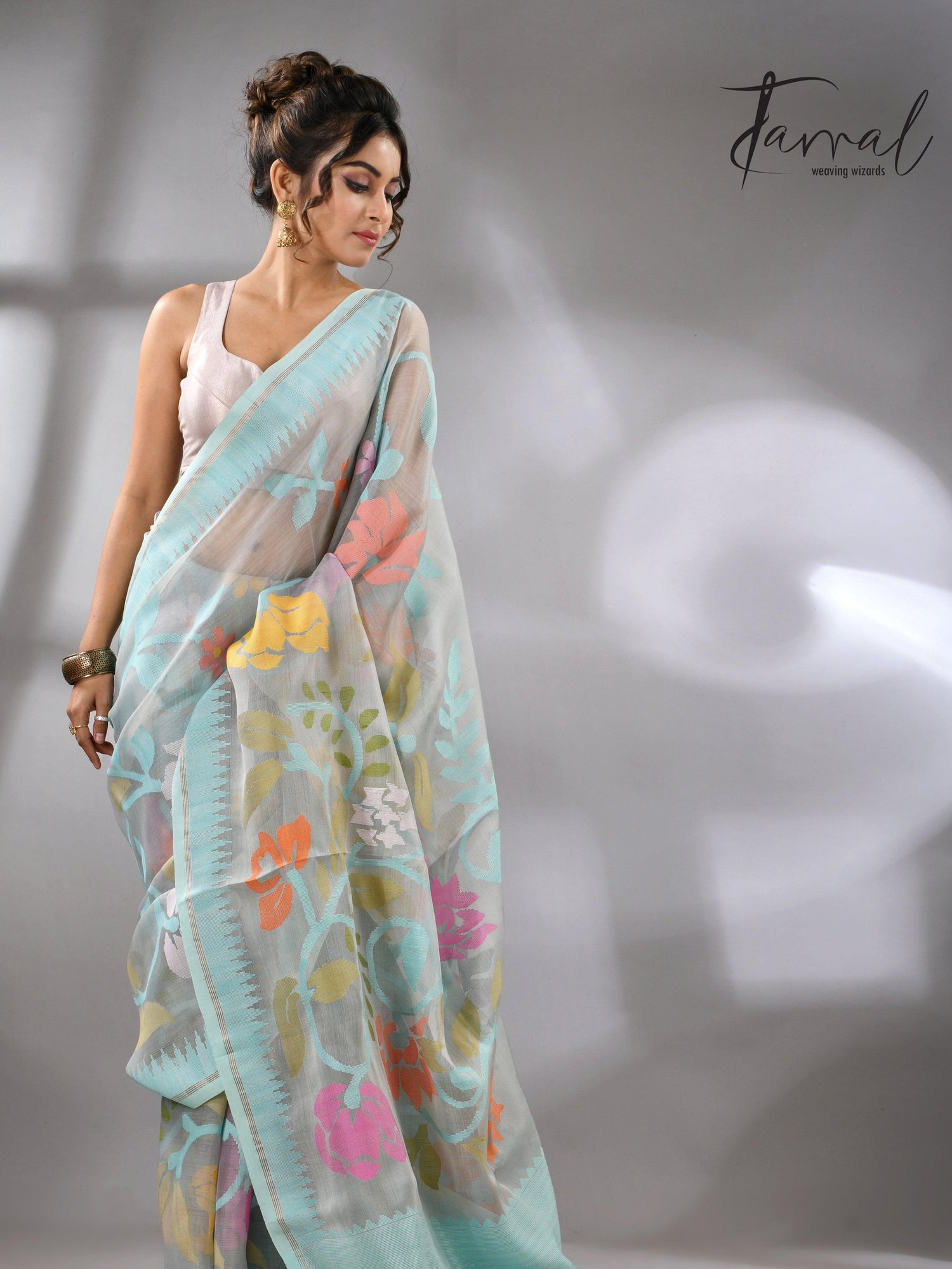 Firoza with light smoke gray and multi colour allover floral handwoven muslin silk jamdani saree - Tamal Boutique