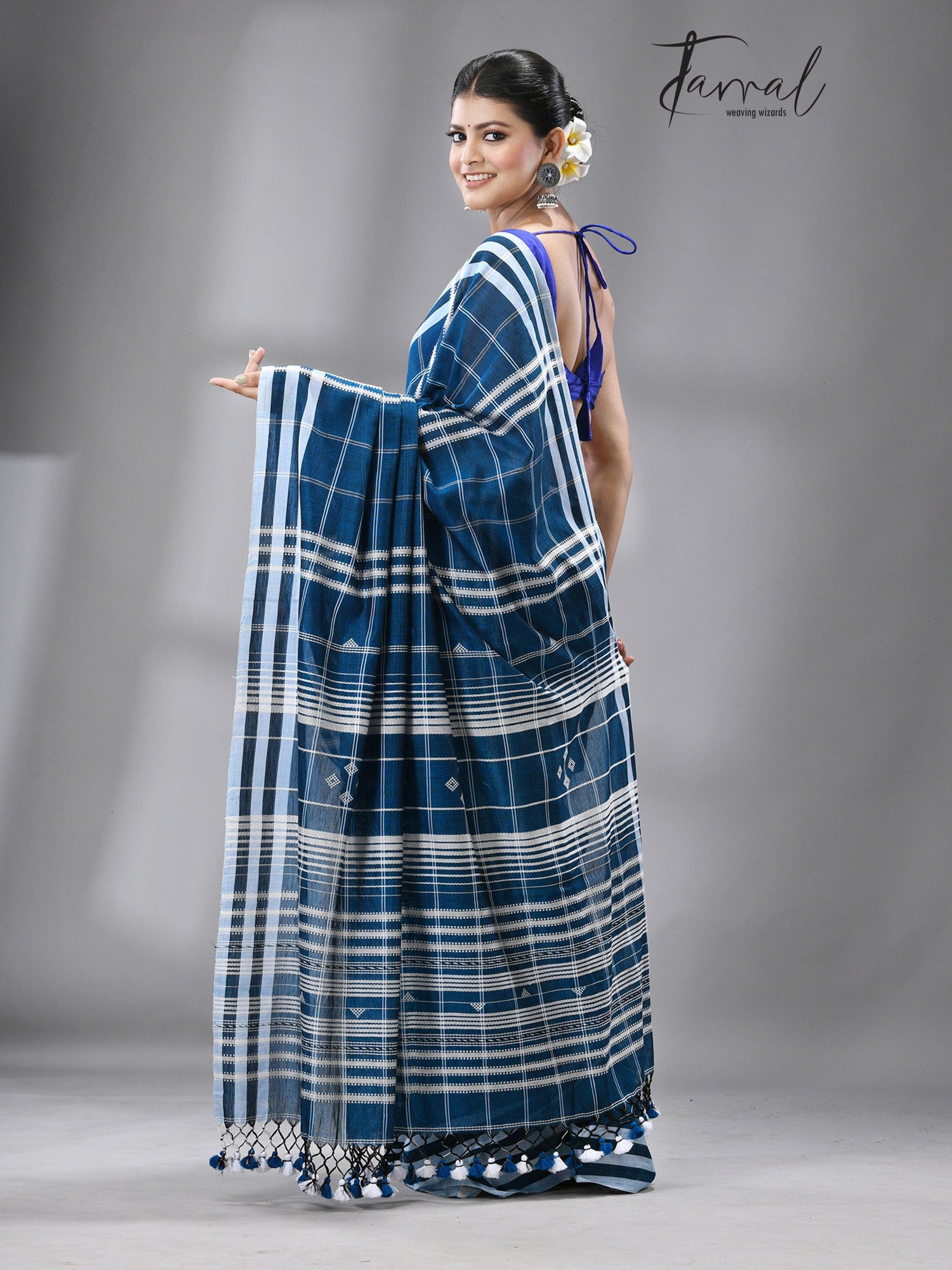 Firoza with white border check bhujoudi cotton handloom saree