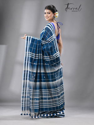 Firoza with white border check bhujoudi cotton handloom saree