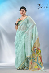 Firoza with zari border in paithani pallu linen jamdani saree