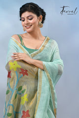 Firoza with zari border in paithani pallu linen jamdani saree
