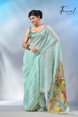 Firoza with zari border in paithani pallu linen jamdani saree
