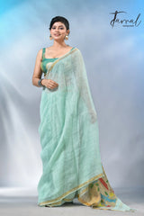 Firoza with zari border in paithani pallu linen jamdani saree