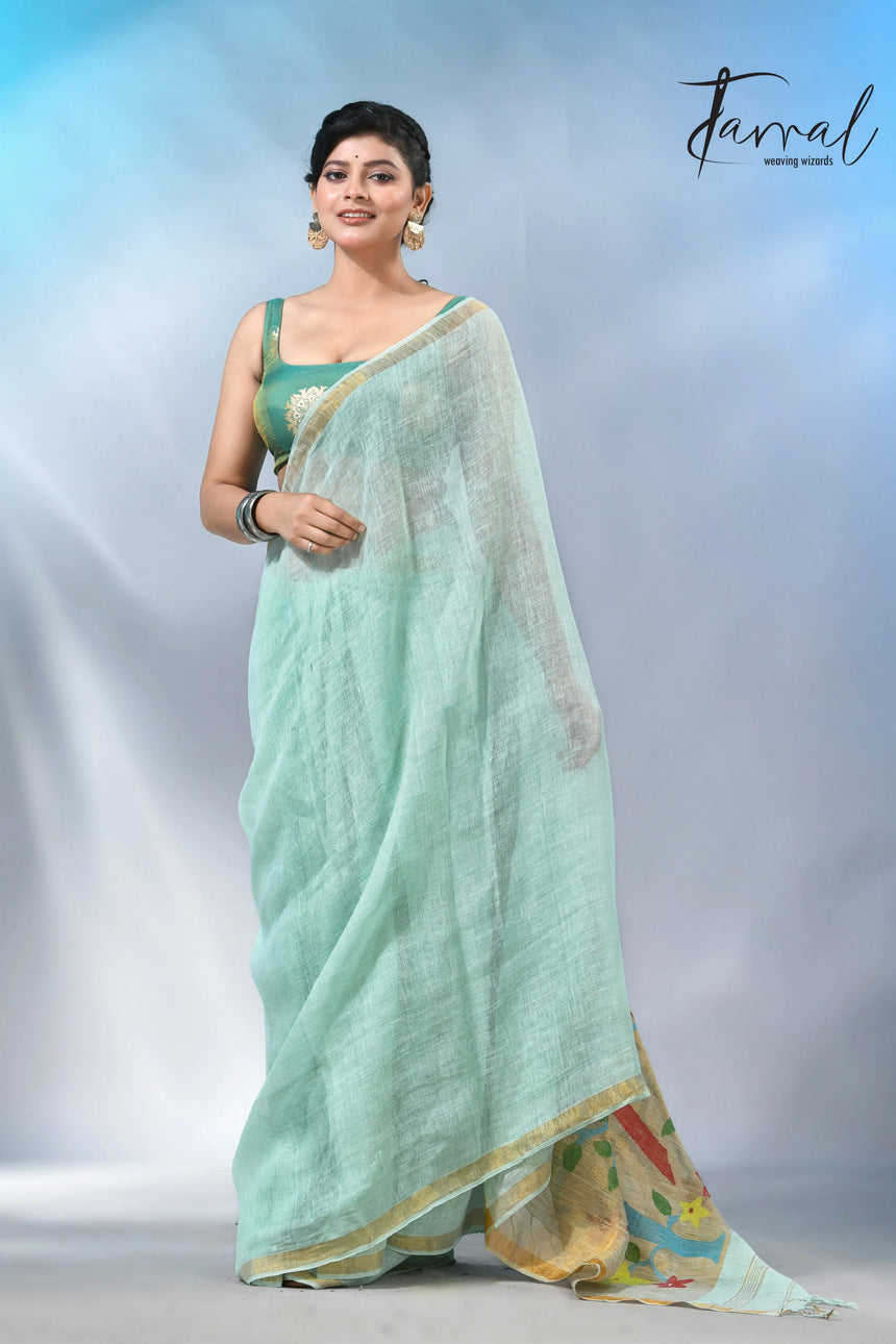 Firoza with zari border in paithani pallu linen jamdani saree