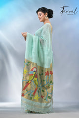 Firoza with zari border in paithani pallu linen jamdani saree