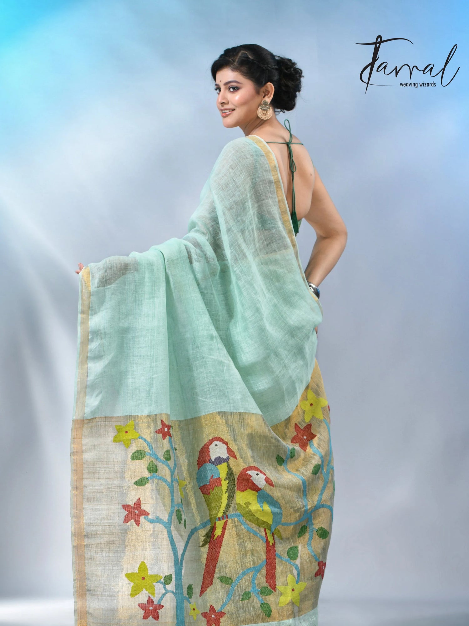 Firoza with zari border in paithani pallu linen jamdani saree