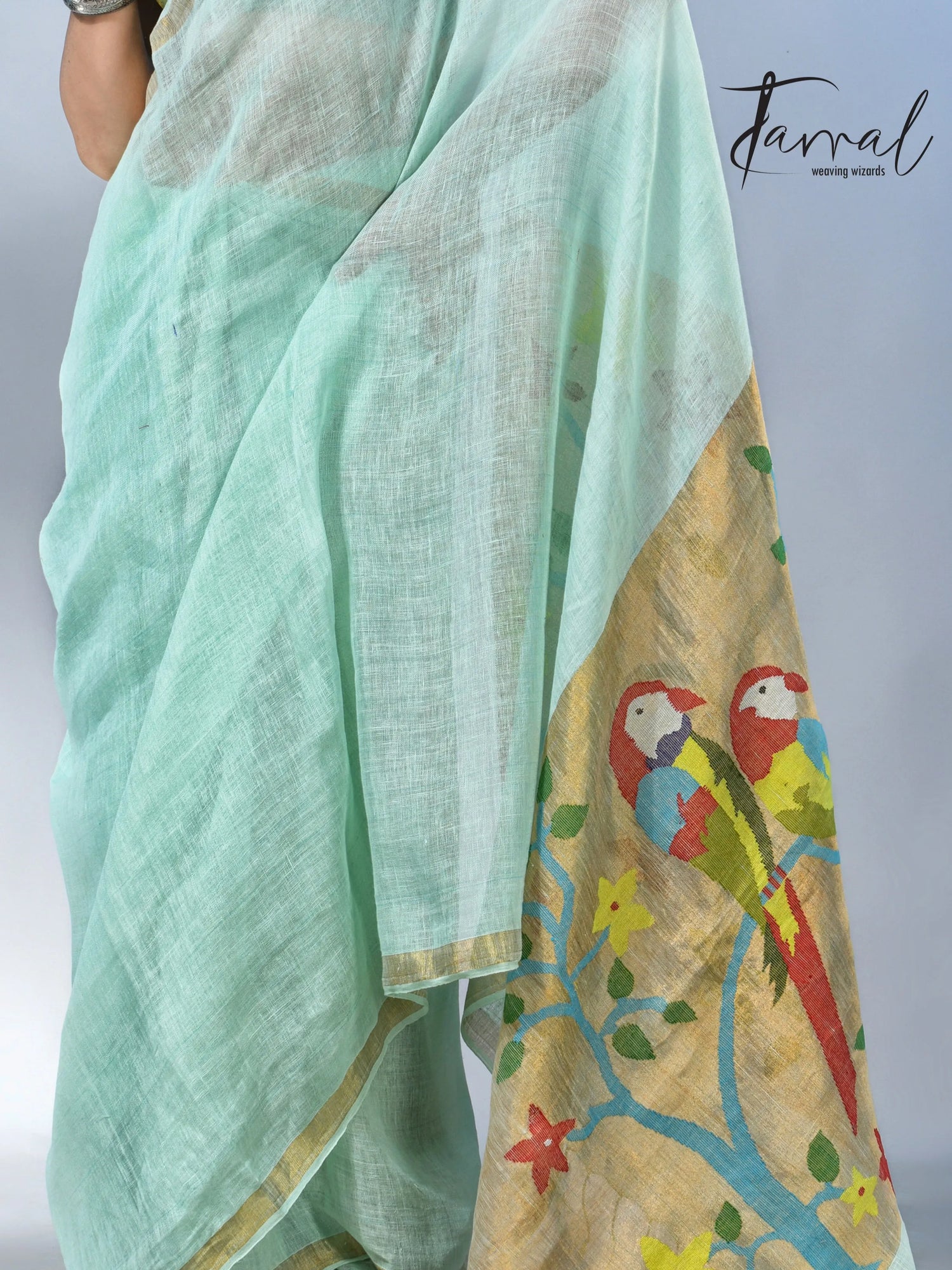 Firoza with zari border in paithani pallu linen jamdani saree
