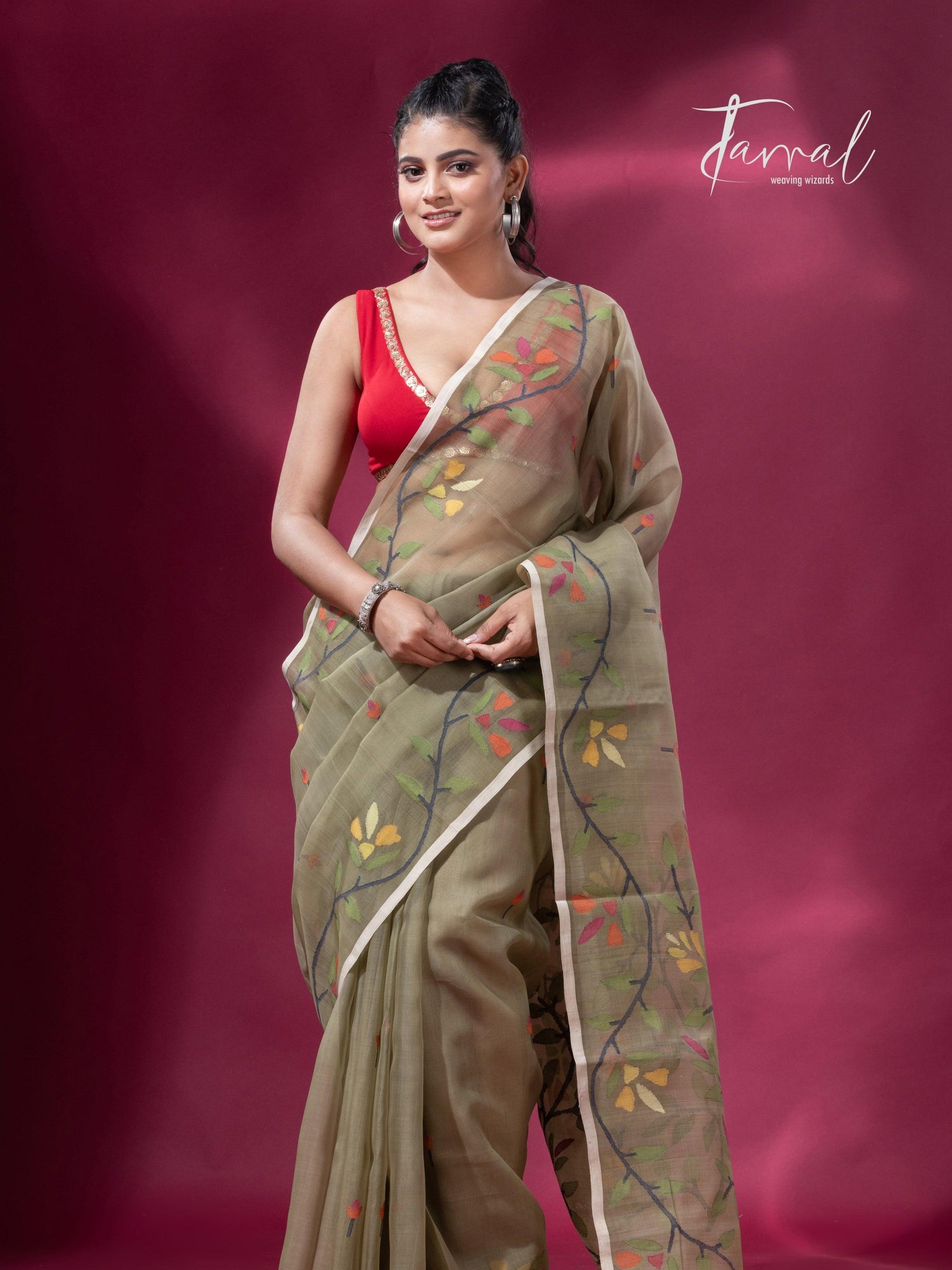 Floral Border Muslin Silk Handwoven Jamdani Saree in Mos Green