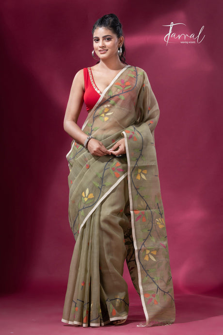 Floral Border Muslin Silk Handwoven Jamdani Saree in Mos Green