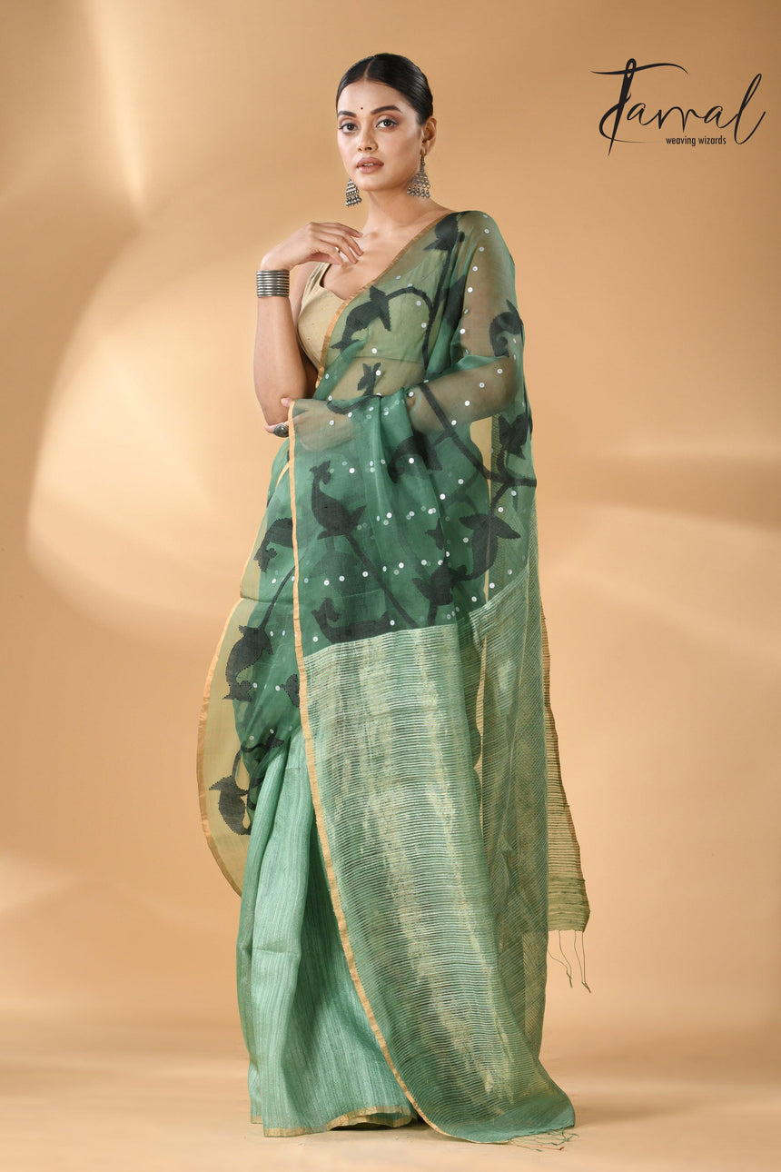 Forest Green Zari Border Muslin With Matka Silk Handwoven Jamdani Saree