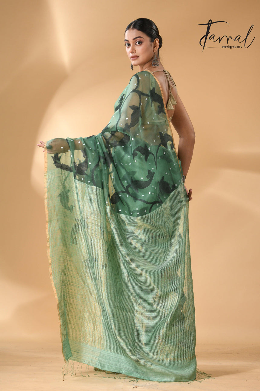Forest Green Zari Border Muslin With Matka Silk Handwoven Jamdani Saree back