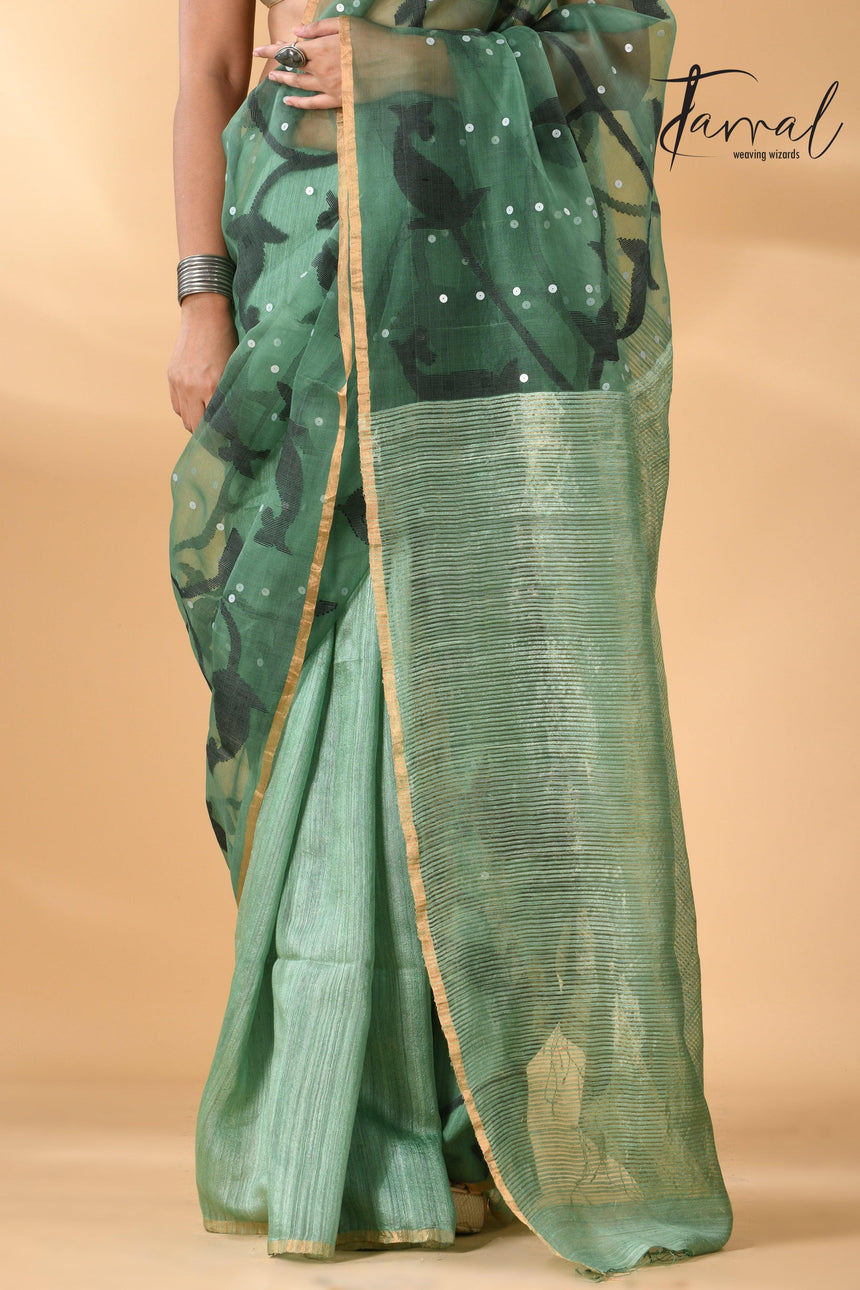 Forest Green Zari Border Muslin With Matka Silk Handwoven Jamdani Saree bottom