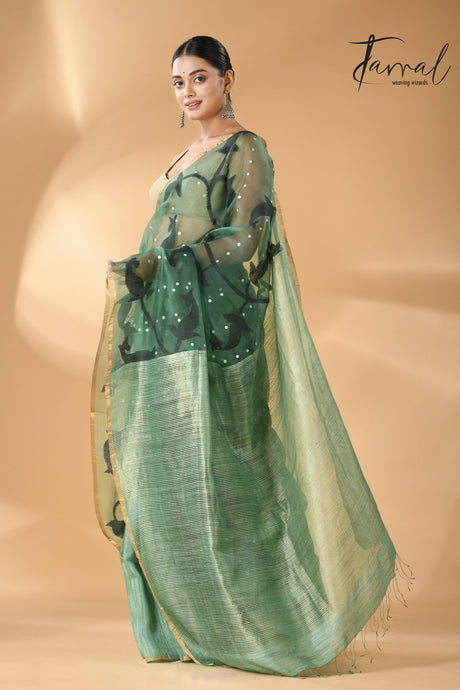 Forest Green Zari Border Muslin With Matka Silk Handwoven Jamdani Saree left3