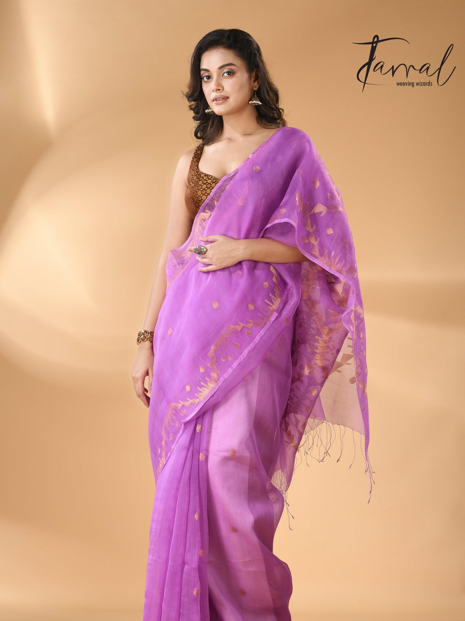 Fuchsia Pink Handwoven Needlework Jamdani Saree Golden Zari