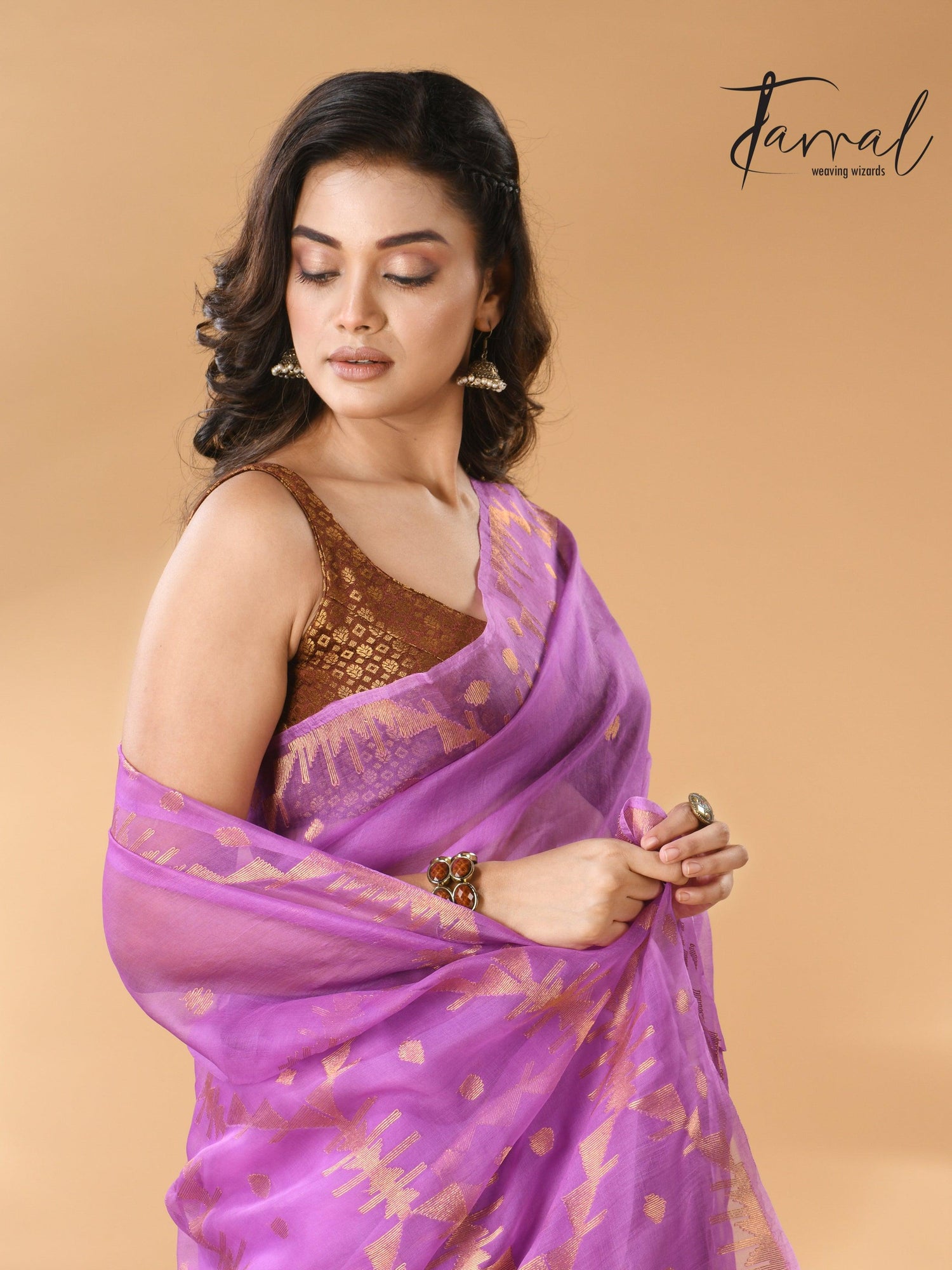 Fuchsia Pink Handwoven Needlework Jamdani Saree Golden Zari CLS