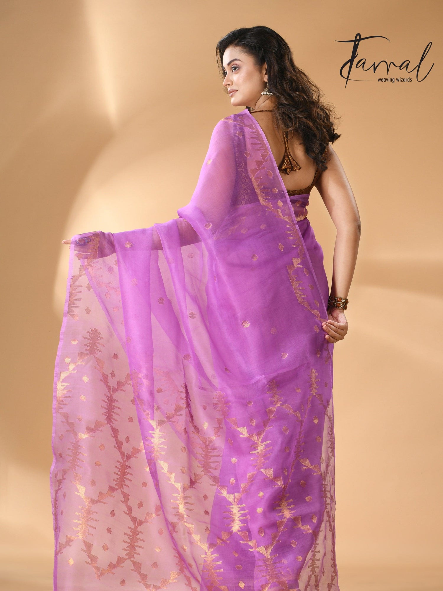 Fuchsia Pink Handwoven Needlework Jamdani Saree Golden Zari back