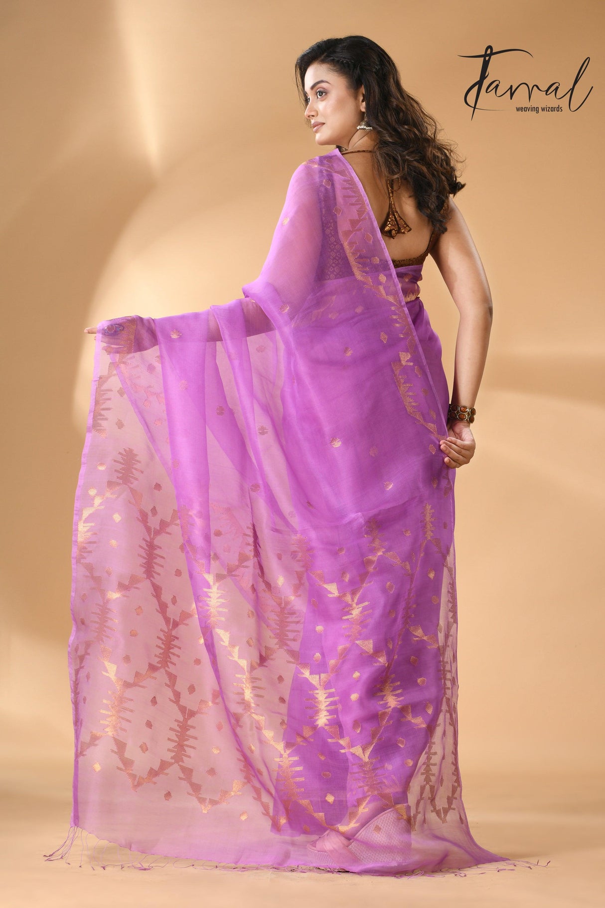 Fuchsia Pink Handwoven Needlework Jamdani Saree Golden Zari back