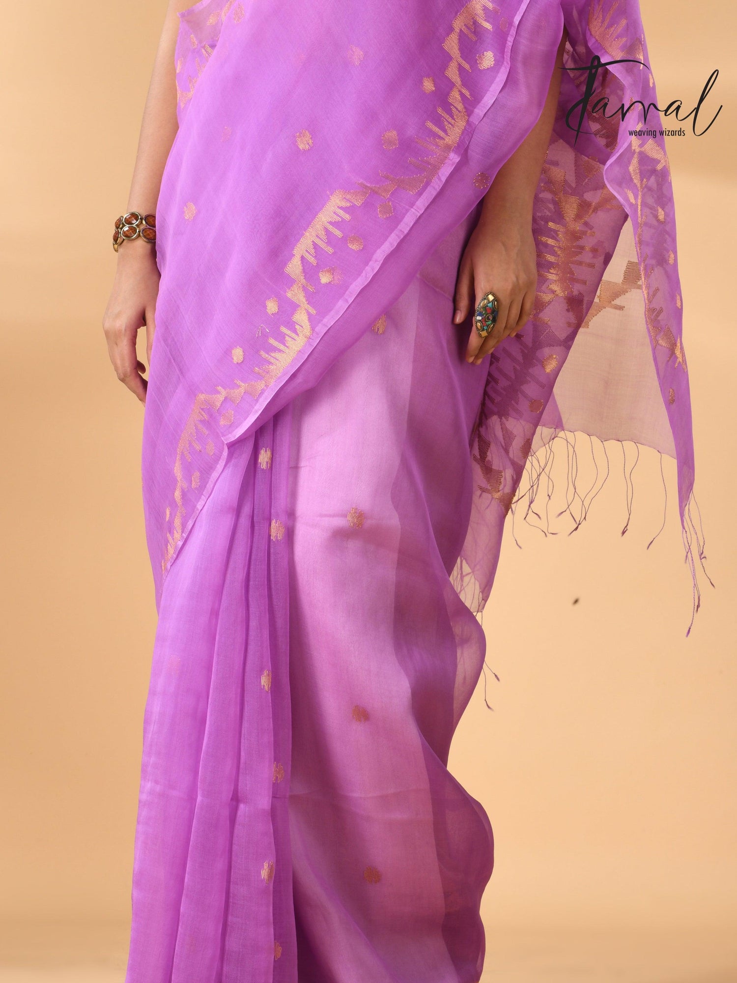 Fuchsia Pink Handwoven Needlework Jamdani Saree Golden Zari bottom