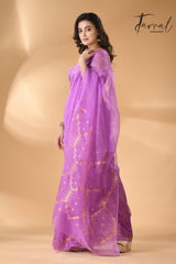 Fuchsia Pink Handwoven Needlework Jamdani Saree Golden Zari full