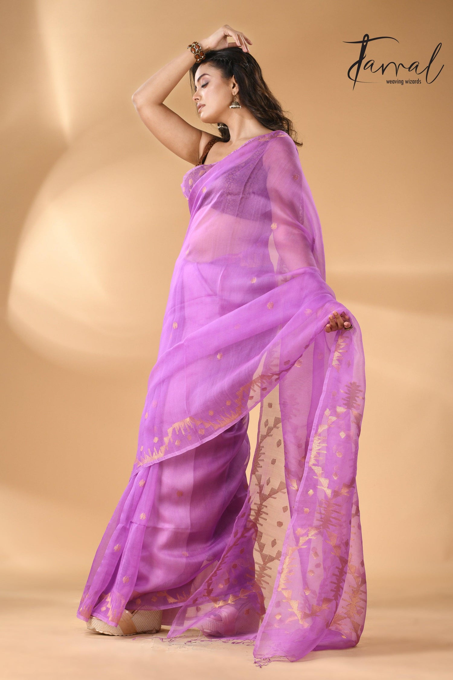 Fuchsia Pink Handwoven Needlework Jamdani Saree Golden Zari left