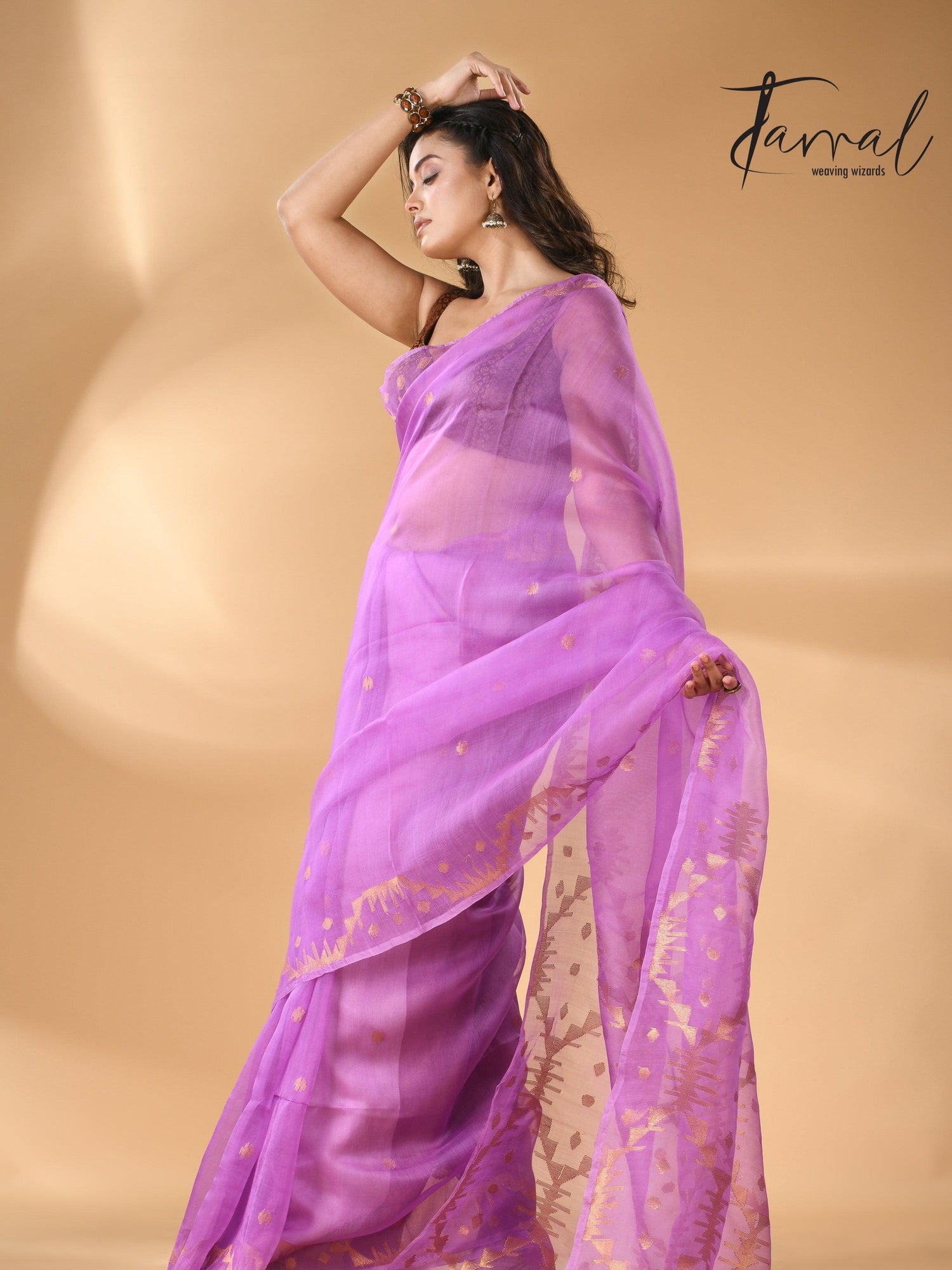 Fuchsia Pink Handwoven Needlework Jamdani Saree Golden Zari left